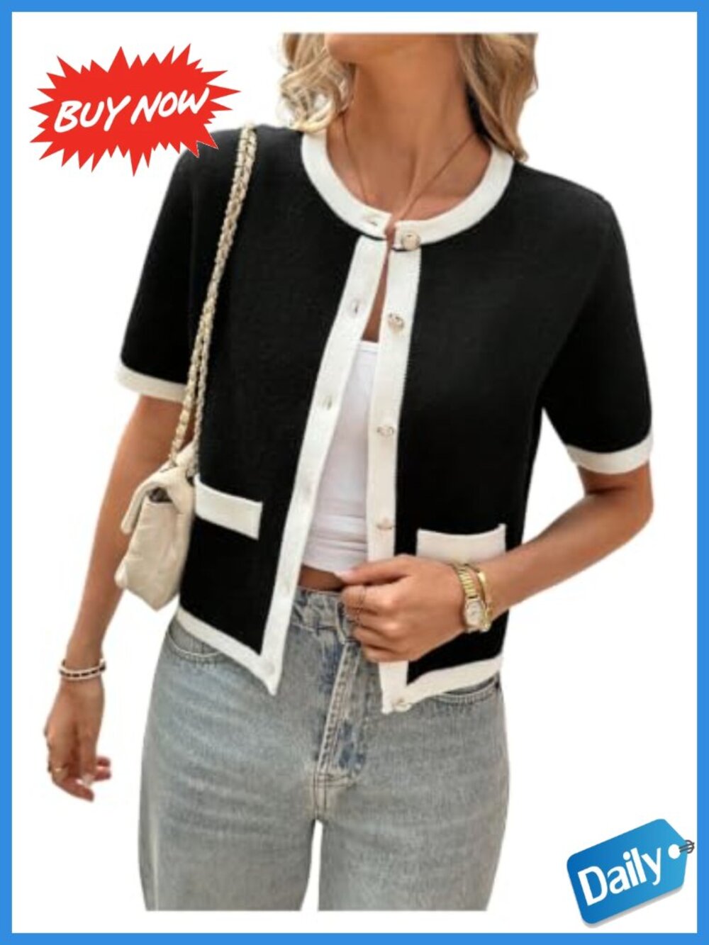 Button Up Short Sleeve Knit Cardigan Crew Neck Crochet Sweater Top